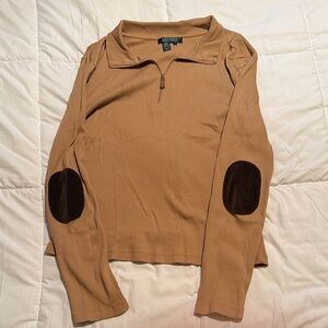 Ralph Lauren Camel Zip-Up Sweater with Brown Elbow Patches
